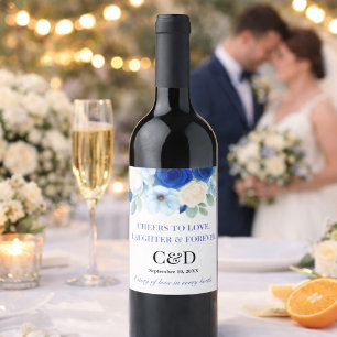 Navy Royal Bue Wedding Watercolor Ivory Flowers Wine Label