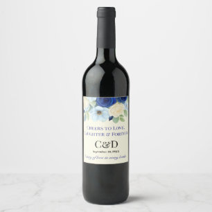 Navy Royal Bue Wedding Watercolor Ivory Flowers Wine Label