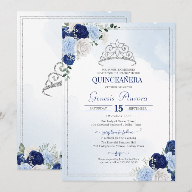 Navy Royal Light Blue Silver Rose Flor Quinceañera Invitation (Front/Back)