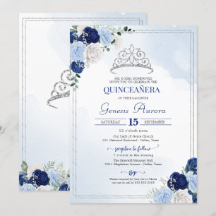 Navy Royal Light Blue Silver Rose Flor Quinceañera Invitation