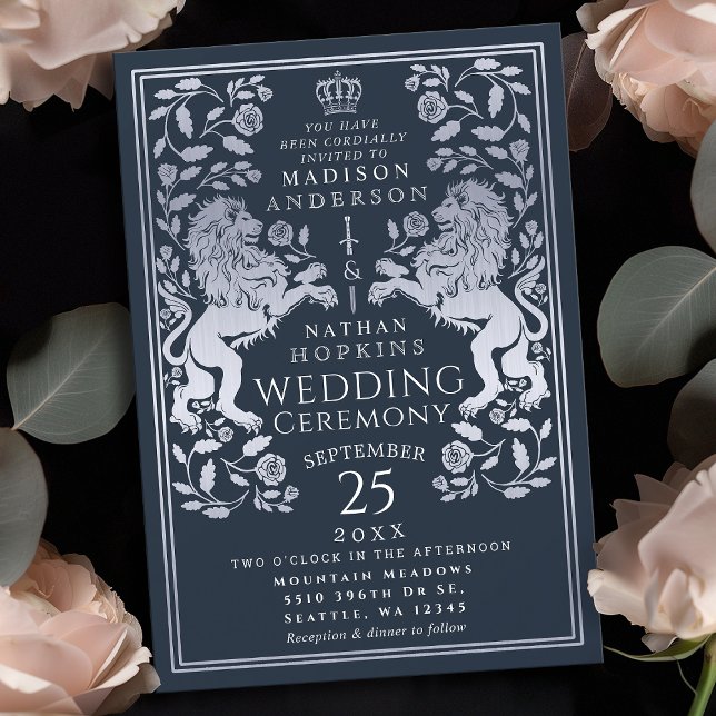 Navy Royal Lion Mediaeval Silver Wedding Invitatio Invitation (Creator Uploaded)