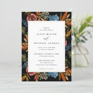 Navy & Rust Boho Floral, Black Wedding Invitation
