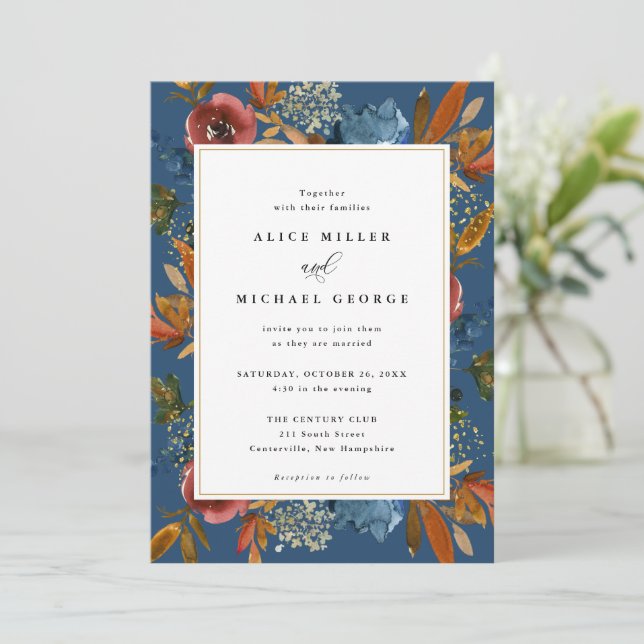 Navy & Rust Boho Floral, Blue Wedding Invitation (Standing Front)
