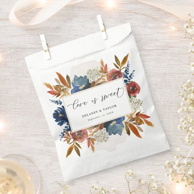 Navy & Rust Boho Floral Gold Frame, Wedding Treat Favour Bags (Clipped)