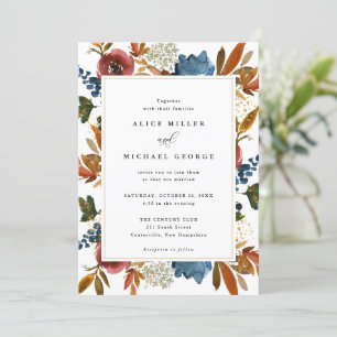 Navy & Rust Boho Floral, White Wedding Invitation