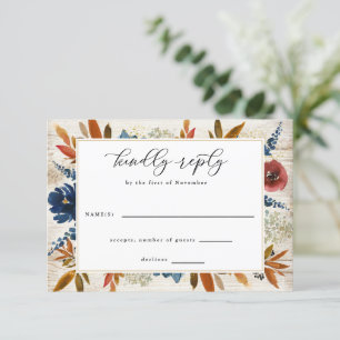 Navy & Rust Boho Flowers Light Wood Wedding RSVP Card