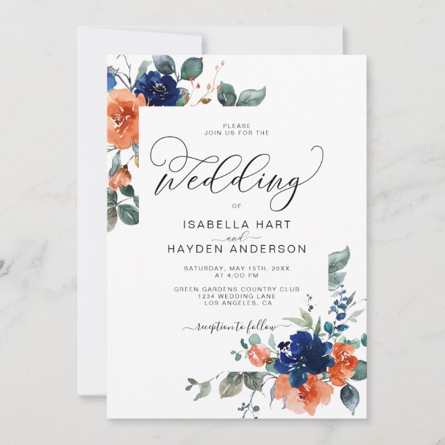 Navy Rust Burnt Orange Floral Botanical Wedding Invitation (Front)