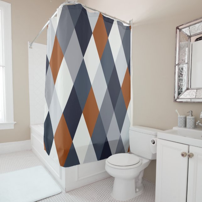 Navy Rust Geometry VIIA Shower Curtain (In Situ)