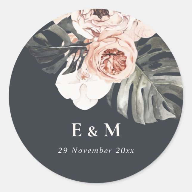 NAVY RUST MONSTERA PEONY FLORAL MONOGRAM WEDDING  CLASSIC ROUND STICKER (Front)