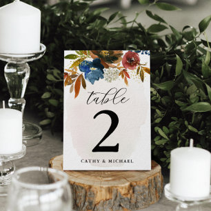 Navy & Rust Watercolor Boho Floral Personalised Ta Table Number