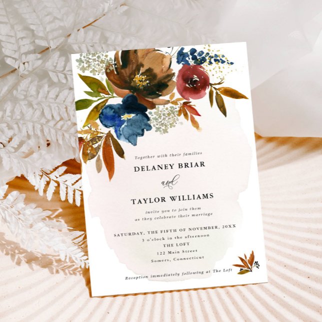 Navy & Rust Watercolor Boho Floral, Wedding Invitation (Creator Uploaded)