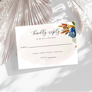 Navy & Rust Watercolor Boho Flowers Wedding Reply RSVP Card