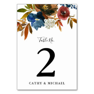 Navy & Rust Watercolor Floral Personalised Table Number