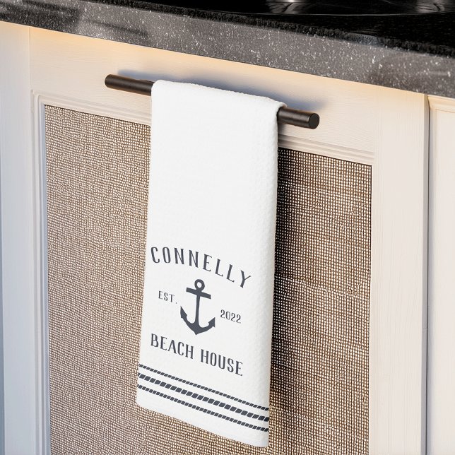 Navy Rustic Anchor Personalised Beach House Tea Towel (Creator Uploaded)