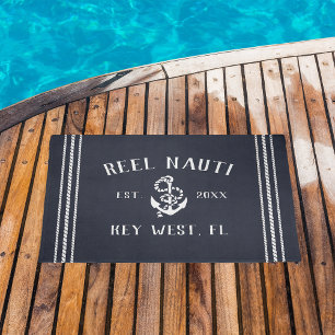Navy   Rustic Anchor Personalised Boat Name Doormat