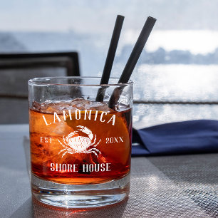 Navy Rustic Crab Personalised Shore House Whiskey Glass