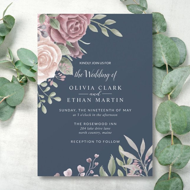 Navy Rustic Dusty Rose Watercolor Boho Flowers  In Invitation (Creator Uploaded)