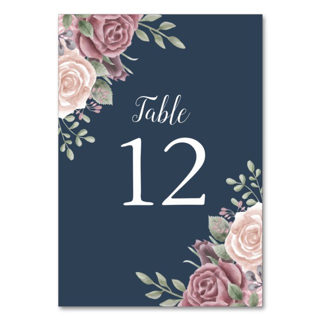 Navy Rustic Dusty Rose Watercolor Floral Table Number (Front)