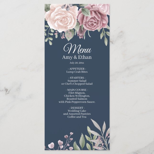 Navy Rustic Dusty Rose Watercolor Flowers Wedding Menu (Front)