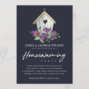 NAVY RUSTIC FLORAL BIRD HOUSE HOUSEWARMING PARTY INVITATION