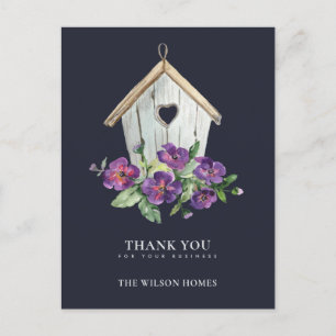 NAVY RUSTIC FLORAL BIRDHOUSE REALTOR THANK YOU ANNOUNCEMENT POSTCARD