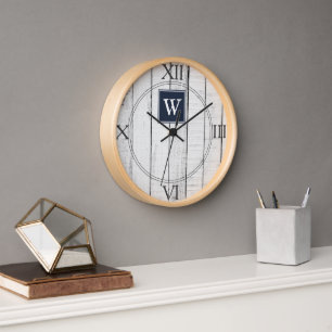 Navy Rustic Monogram Clock