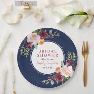 Navy Rustic Pink Burgundy Floral Bridal Shower Paper Plate
