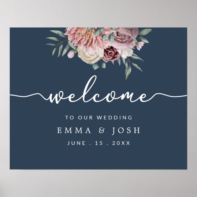Navy Rustic Pink Floral Wedding Welcome Sign (Front)
