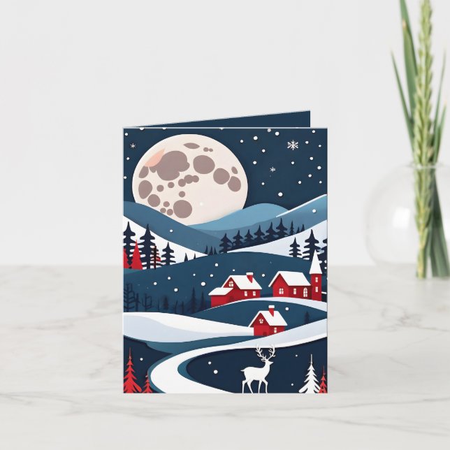 Navy Rustic Snowy Night Landscape Christmas Card (Front)