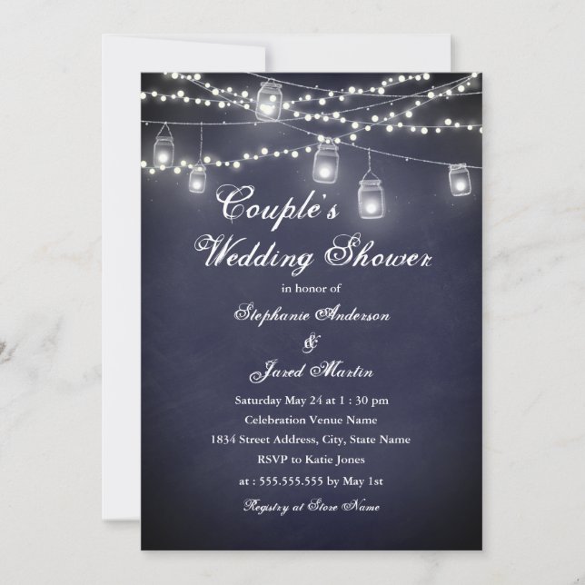 Navy Rustic String Lights Couples Wedding Shower Invitation (Front)