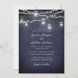 Navy Rustic String Lights Wedding Invitation