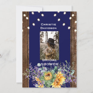 Navy Rustic Sunflower Photo Lights Bridal Shower  Invitation