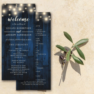 Navy Rustic Wood String Light Wedding Programme