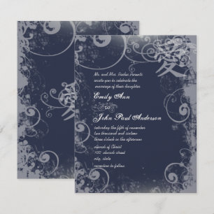 Navy Sacre Bleu Metallic Silver Kanji Love Swirl Invitation