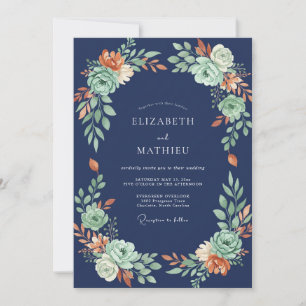 Navy Sage Floral Flourish Wedding Invitation