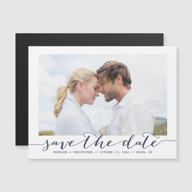 Navy Save the Date Script Frame Photo Announcement (Front/Back)