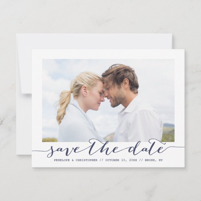 Navy Save the Date Script Frame Photo Announcement (Front)