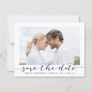 Navy Save the Date Script Frame Photo Announcement