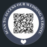 Navy Scan To Access Wedding Website Heart QR Code Classic Round Sticker<br><div class="desc">Wedding website QR code sticker in navy blue and white with curved text and a white heart. Cute black and white wedding QR code sticker.</div>