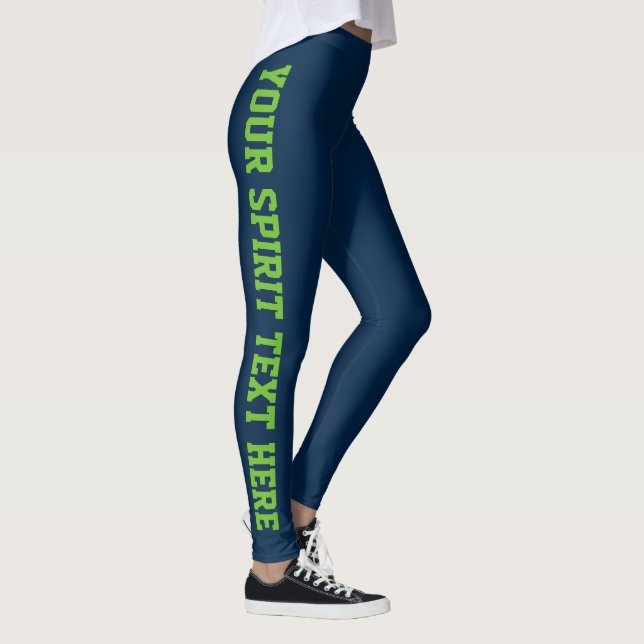 Navy School Spirit Leggings Custom Lime Green Text (Right)