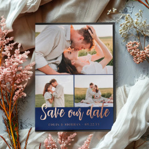 Navy Script 3 Photos Wedding Save Our Date Foil Invitation Postcard