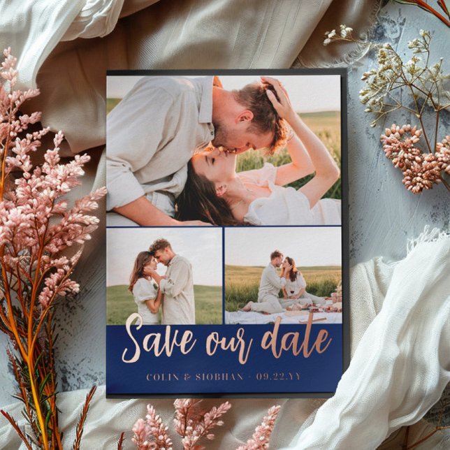 Navy Script 3 Photos Wedding Save Our Date Foil Invitation Postcard (Creator Uploaded)