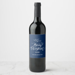 Navy Script Calligraphy Merry Christmas Wine Label