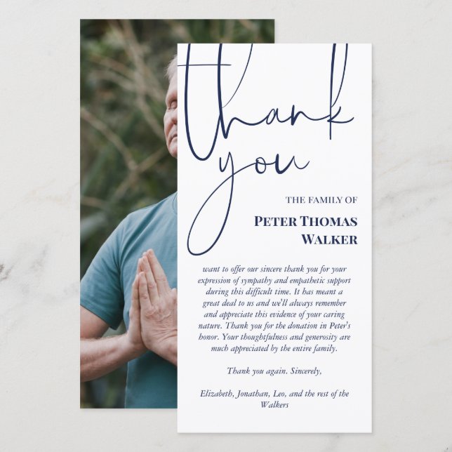 Navy Script & Photo Funeral Thank You Card (Front/Back)