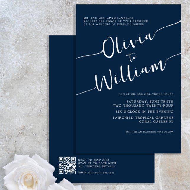 Navy Script QR Code Wedding Invitation (Creator Uploaded)