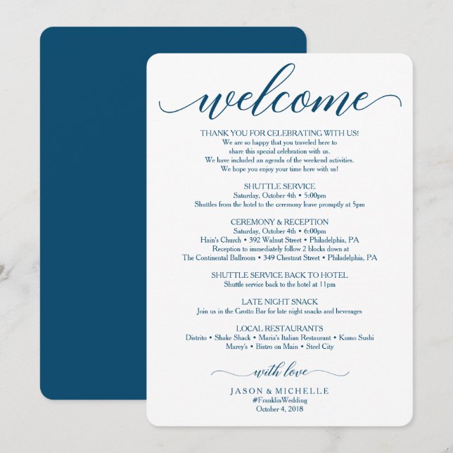 Navy Script Wedding Itinerary - Wedding Welcome Invitation (Front/Back)