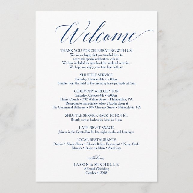 Navy Script Wedding Itinerary Welcome Letter Programme (Front)