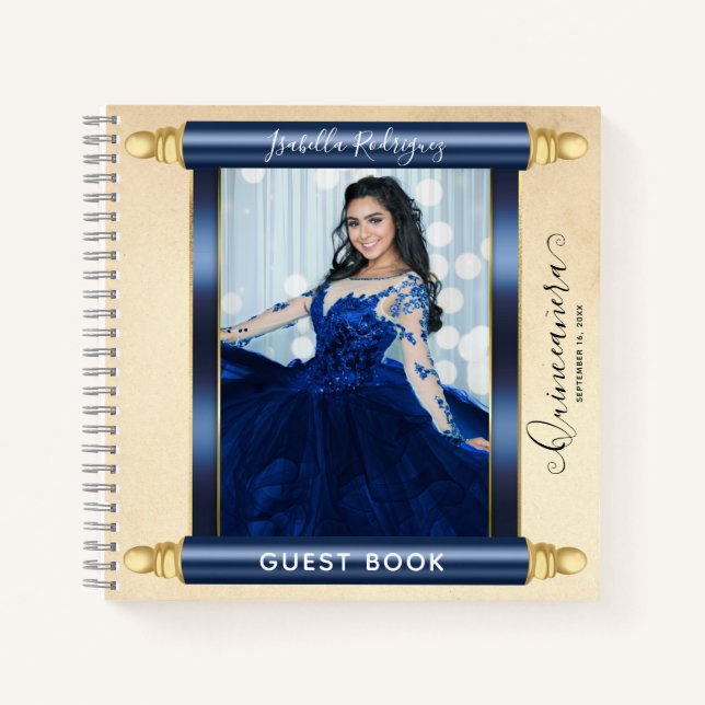 Navy Scroll Photo Budget Quinceañera Guest Book (Front)