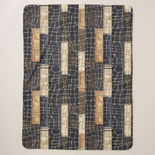 Navy Sea Blue Cream Brown Rectangles Sherpa Blanket