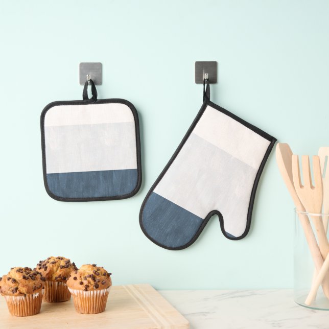 Navy Sea Blue White Beach Oven Mitt & Pot Holder Set (Insitu(Hanging))